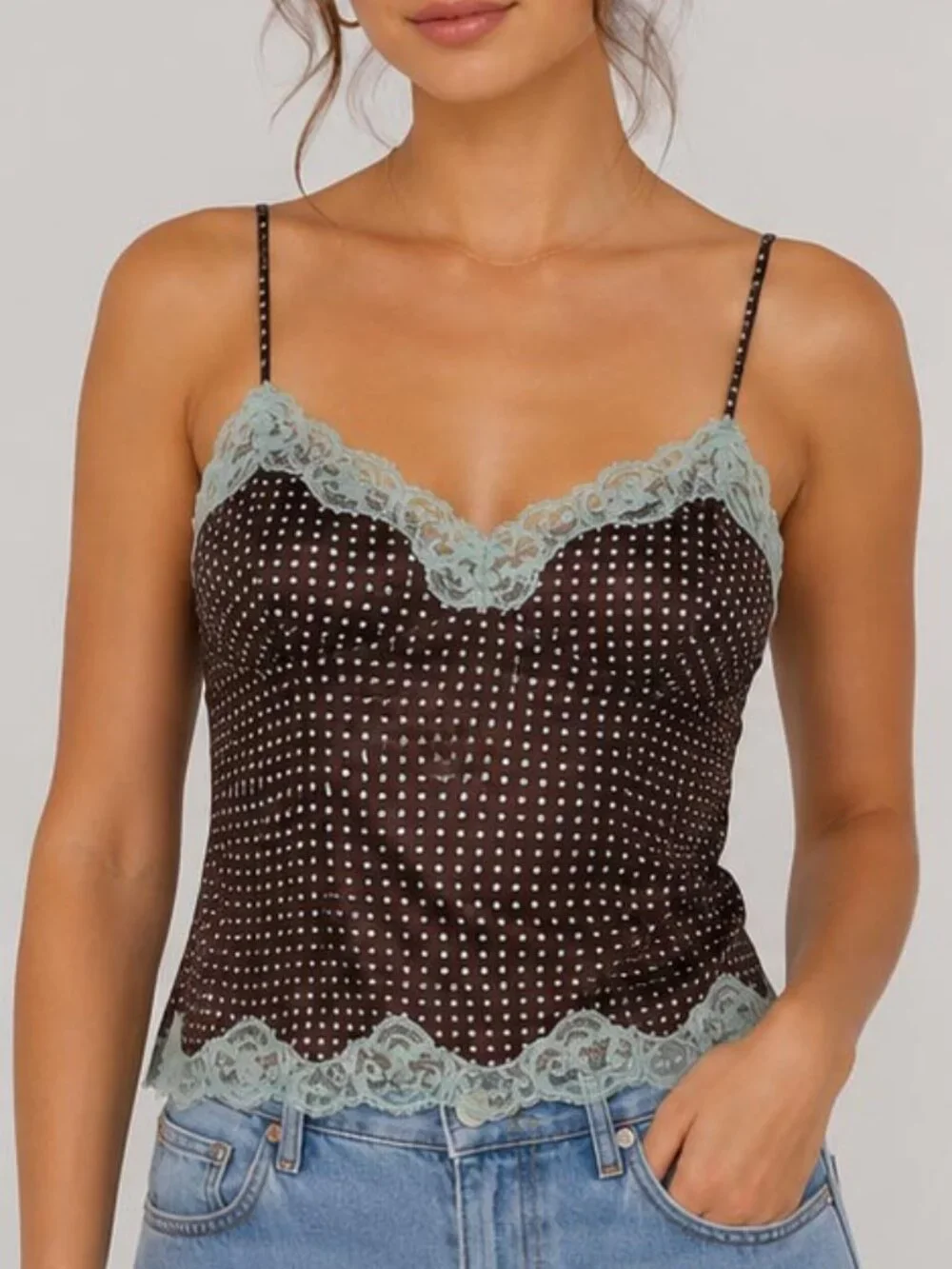 Polka Dot Lace Trim Camisole Tank Top | Adjustable Spaghetti Strap